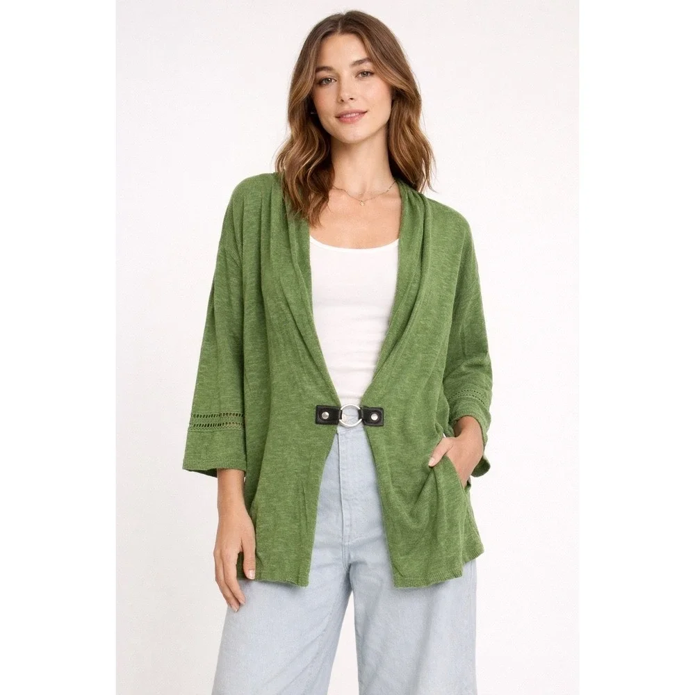 Soft‎ Surroundings Green Linen Blend Open Front Cardigan Sweater with Detail